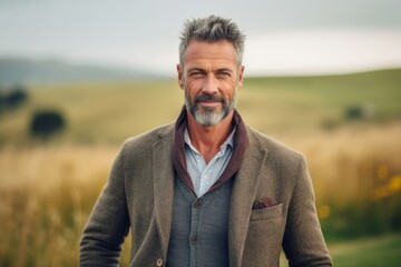 Portrait of a handsome mature man standing outdoors in a field.