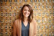 © Hanne Bauer - Medium shot portrait photography of a pleased woman in her 30s that is wearing a chic cardigan against a colorful mosaic or tile background . Generative AI