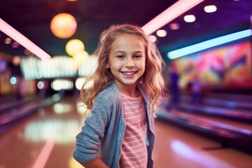 Portrait of smiling little girl in bowling alley with lights on background