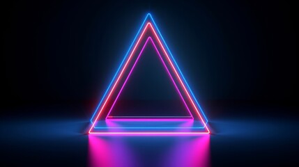 Wall Mural - 3d render, abstract neon background with blank fluorescent triangular frame. Simple geometric shape. Laser line glowing with pink blue light, Generative AI