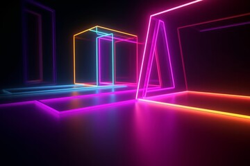 Wall Mural - 3d render, abstract neon geometric background. Stage laser show illumination. Colorful rectangular shapes, square frames, virtual reality. Glowing neon lines. Minimal futuristic, Generative AI