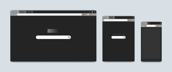 Aufkleber - Mac browser windows. Screen web interface for Apple or Chrome. Dark design. URL address and search tab bar. Empty frame. Menu option button. Vector computer or mobile UI template set