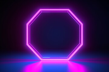 Wall Mural - 3d render, blue pink neon hexagonal frame, hexagon shape, empty space, ultraviolet light, 80's retro style, fashion show stage, abstract background, Generative AI