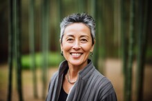 Close-up Portrait Photography Of A Grinning Woman In Her 50s That Is Wearing A Chic Cardigan Against A Bamboo Forest Background . Generative AI