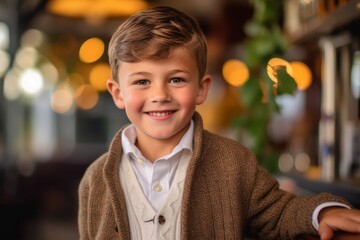 Portrait of a smiling little boy in a pub or restaurant.