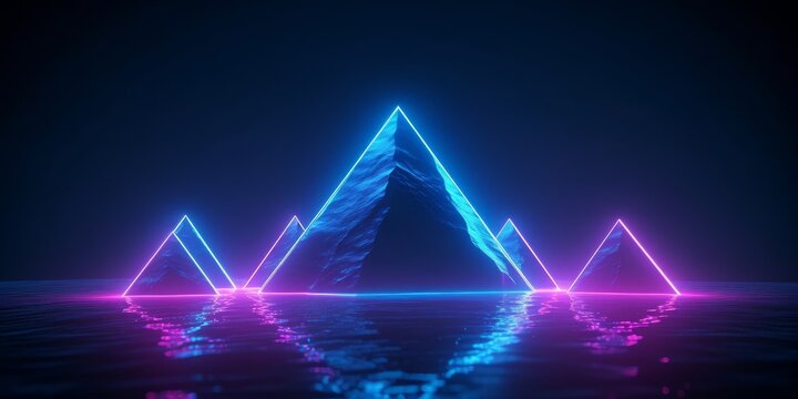 3d render, minimalist neon background with glowing triangles, futuristic terrain, fantastic wallpaper, Generative AI