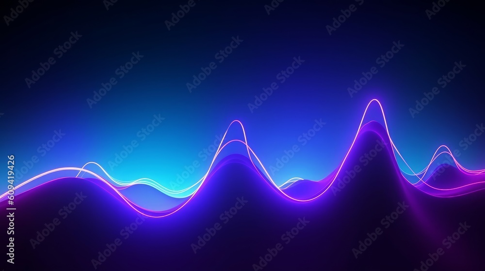 3d render, abstract violet blue neon background with wavy skyline ...