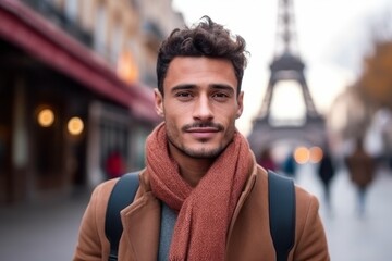 Wall Mural - Portrait of handsome young man in Paris, wearing coat and scarf