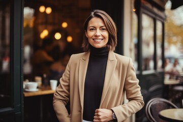 Portrait of a smiling businesswoman wearing coat and looking at camera while standing in cafe