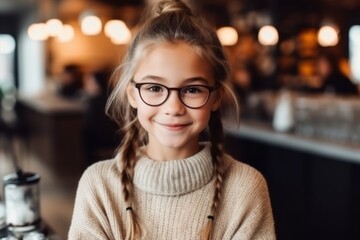 Portrait of a smiling little girl with glasses in a cafe.