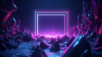 Wall Mural - 3d render, abstract futuristic background with cosmic terrain, crystals and glowing square frame. Fantastic neon wallpaper, Generative AI