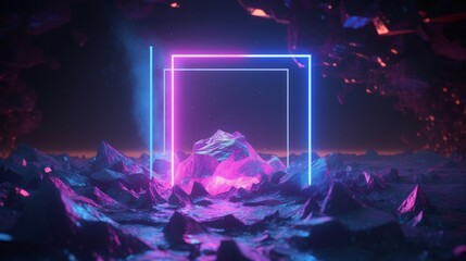 Wall Mural - 3d render, abstract futuristic background with cosmic terrain, crystals and glowing square frame. Fantastic neon wallpaper, Generative AI