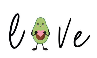 Wall Mural - Avocado in the style of kawaii and the inscription love. Avocado fruit in a flat design.