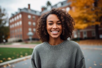 Medium shot portrait photography of a pleased woman in her 30s that is wearing a cozy sweater against a lively college campus during a sports event background . Generative AI