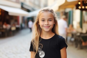 Wall Mural - Medium shot portrait photography of a satisfied child female that is wearing a casual t-shirt against a charming european cobblestone street with cafes background . Generative AI