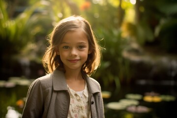 Portrait of a cute little girl in the garden at sunset.