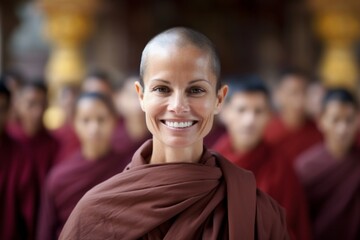 Portrait of happy young Buddhist monk with group of monks in background