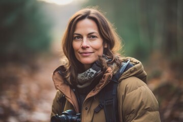 Wall Mural - Medium shot portrait photography of a satisfied woman in her 40s that is wearing a chic cardigan against a wildlife documentary filming with a camera crew background . Generative AI