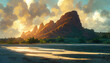 Heavenly horizo. Hawaiian peaks, palm trees, and dawn's embrace. Fantasy fictional image. AI-generated