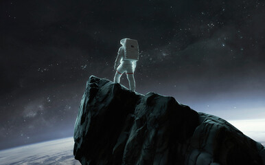 Wall Mural - astronaut conquers an unknown planet, stands on a high mountain. colony. 5k realistic science fictio
