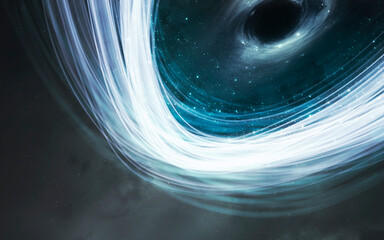 Wall Mural - 3d illustration of black hole absorbing light in deep space. 5k realistic science fiction art. eleme