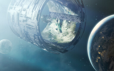 Canvas Print - giant spaceship artificial earth, ark of generations. 5k realistic science fiction art. elements of 