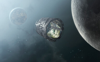 Canvas Print - 3d illustration of giant artificial earth spaceship. 5k realistic science fiction art. elements of i