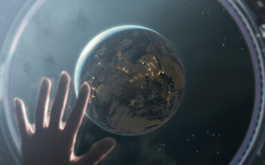 Wall Mural - human looks out the window of a spaceship to earth planet. 5k realistic science fiction art. element