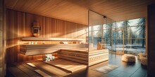 AI Generated. AI Generative. Modern Luxury Home Sauna Steam Cabin Heat Spa Wood Style. Graphic Art