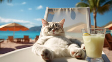 The Cat Is On Vacation At Sea, Resting And Enjoying Life. Lying On A Sun Lounger And Sunbathing. White Generated AI.