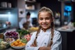 Medium shot portrait photography of a pleased child female that is wearing a chic cardigan against a well-stocked gourmet kitchen with a chef at work background . Masterchef. Generative AI