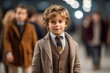 Medium shot portrait photography of a satisfied child male that is wearing a chic cardigan against an elegant fashion show runway with models background . Generative AI