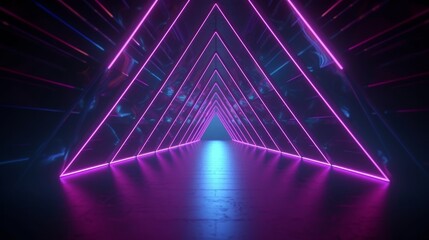 Wall Mural - 3d render, abstract background with pink blue glowing neon light triangle, geometric wallpaper with triangular tunnel, Generative AI