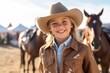 Close-up portrait photography of a pleased child female that is wearing a chic cardigan against a rodeo event with cowboys and horses background . Generative AI