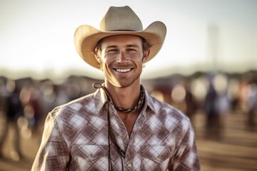 Wall Mural - Medium shot portrait photography of a pleased man in his 20s that is wearing a simple tunic against a rodeo event with cowboys and horses background . Generative AI