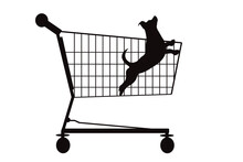 Vector Silhouette Of Dog Inside Shopping Cart On White Background. Symbol Of Pet Shop Accessories And Sale.