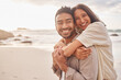 © Azeemud-Deen Jacobs/peopleimages.com - Love, portrait of couple and on the beach happy together with a lens flare. Care or support, summer vacation or holiday break and smile with young people at the sea for a romantic date outdoors