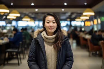 Medium shot portrait photography of a pleased woman in her 30s that is wearing a warm parka against a bustling food court in a shopping mall background . Generative AI