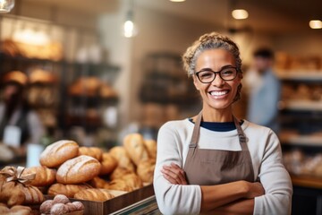 Wall Mural - Medium shot portrait photography of a grinning woman in her 40s that is wearing a chic cardigan against a busy bakery with freshly baked goods and bakers at work background