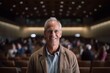 © Anne-Marie Albrecht - Medium shot portrait photography of a grinning man in his 50s that is wearing a chic cardigan against a beautiful symphony orchestra performance in a concert hall background . Generative AI
