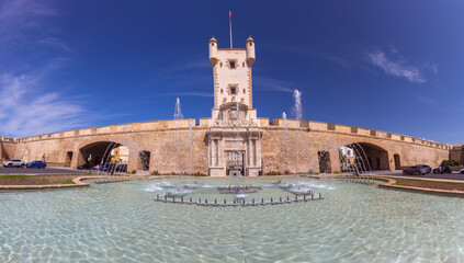 Wall Mural - Constitution Square in Cadiz with a blue sky and a fountain in the background. Andalusia.