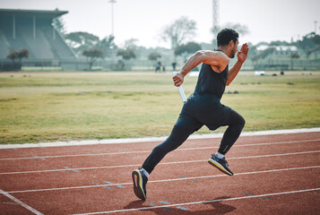 Poster - Stadium, man relay running and athlete on a runner and arena track for sprint race training. Fast, run and sports exercise of a male person in marathon for fitness and workout outdoor on a field