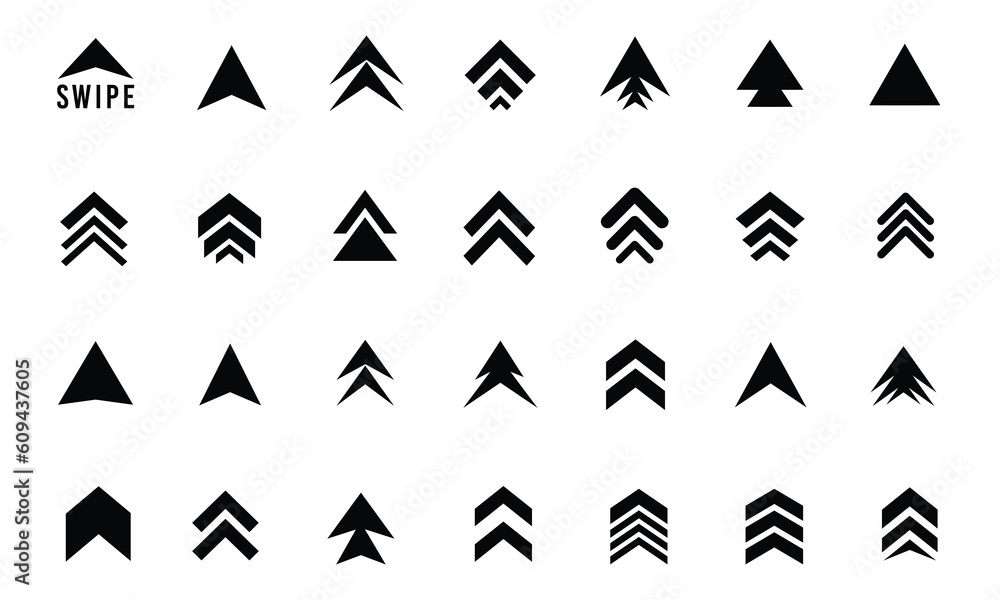 Swipe up arrow icon set. Swipe up. Black arrows, buttons and web icons. Social media application. Scroll or swipe up