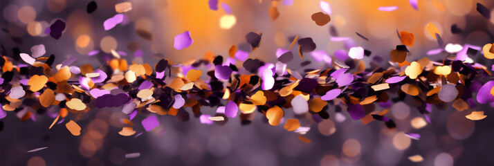 Wall Mural - Orange, black and purple round flying confetti with purple bokeh background for Halloween celebration created with AI generative technology
