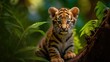 Close up image of a cute sitting bengal tiger cub, generative AI