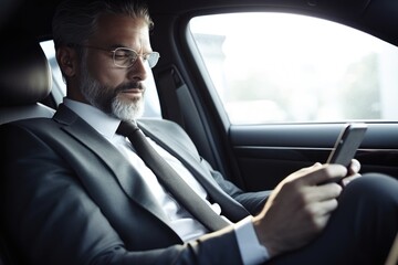 Executive businessman sitting in car with mobile phone. Generative AI AIG20.