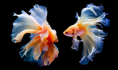 Betta gold fish. Colorful fighting Siamese fish with beautiful flower tail and fins isolated on black. Amazing exotic floral tropical goldfish ai generated illustration