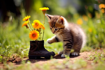Wall Mural - A kitten playing with a boot with flowers. A kitten looks at a flower and touches the boot, spontaneous gesture. Curious kitten. Realistic 3D illustration. Generative AI