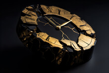 Gold Painted Clock On Black Background. The Clock Is Broken Into Pieces. Time Is Money,  Don't Waste Time Concept. 