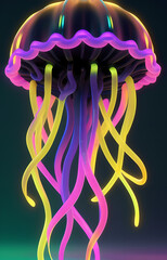 Neon glowing jellyfish, rainbow colors